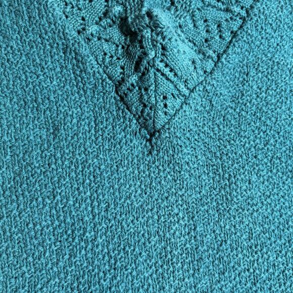 Vintage Teal Green V-Neck Short Sleeve Sweater Pointelle Trim Sleeve Knit XL - Picture 3 of 7